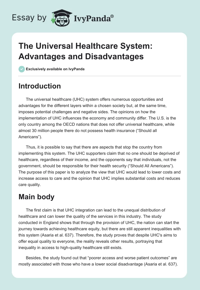 The Universal Healthcare System: Advantages and Disadvantages. Page 1