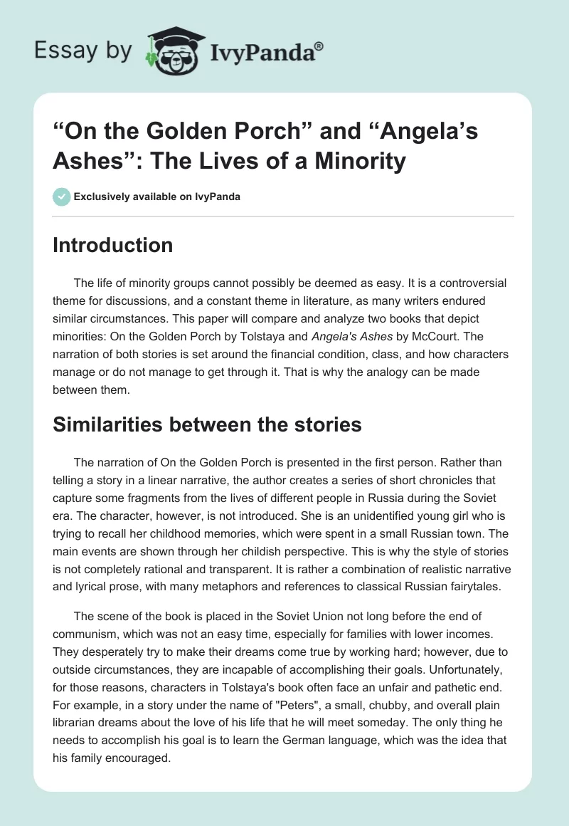 “On the Golden Porch” and “Angela’s Ashes”: The Lives of a Minority. Page 1