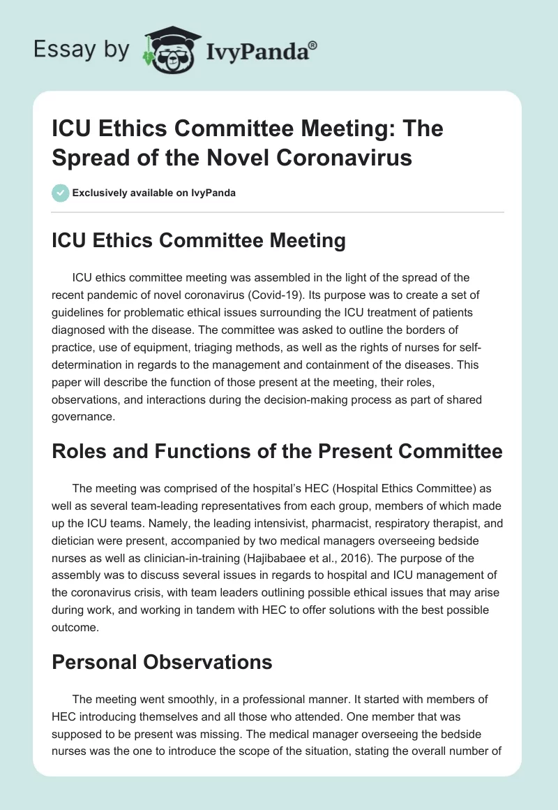 ICU Ethics Committee Meeting: The Spread of the Novel Coronavirus. Page 1
