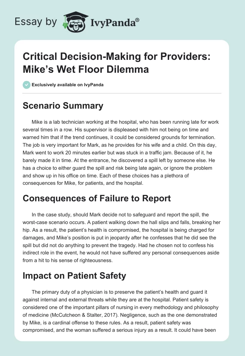 Critical Decision-Making for Providers: Mike’s Wet Floor Dilemma. Page 1