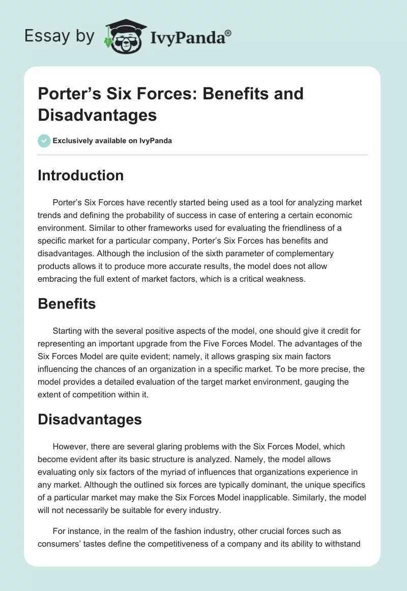 Porter’s Six Forces: Benefits and Disadvantages. Page 1