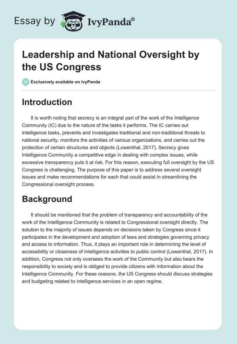 Leadership and National Oversight by the US Congress. Page 1