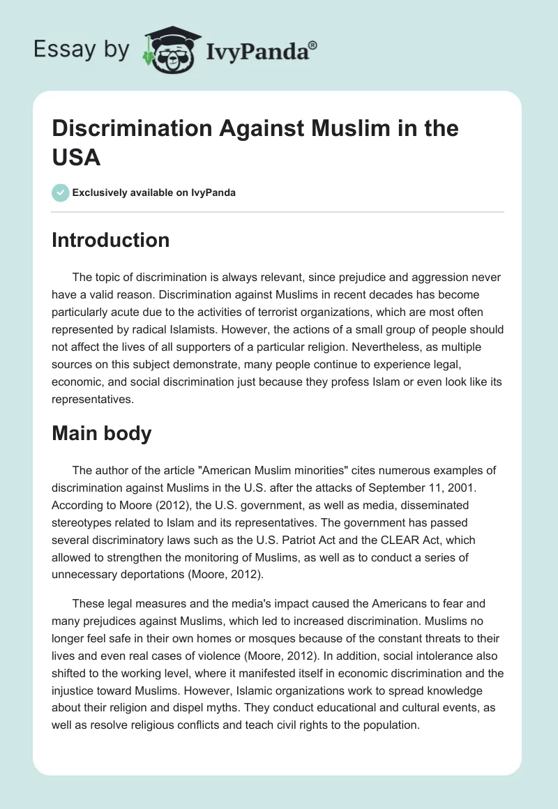 Discrimination Against Muslim in the USA. Page 1