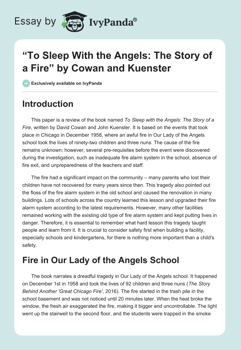 “To Sleep With the Angels: The Story of a Fire” by Cowan and Kuenster. Page 1