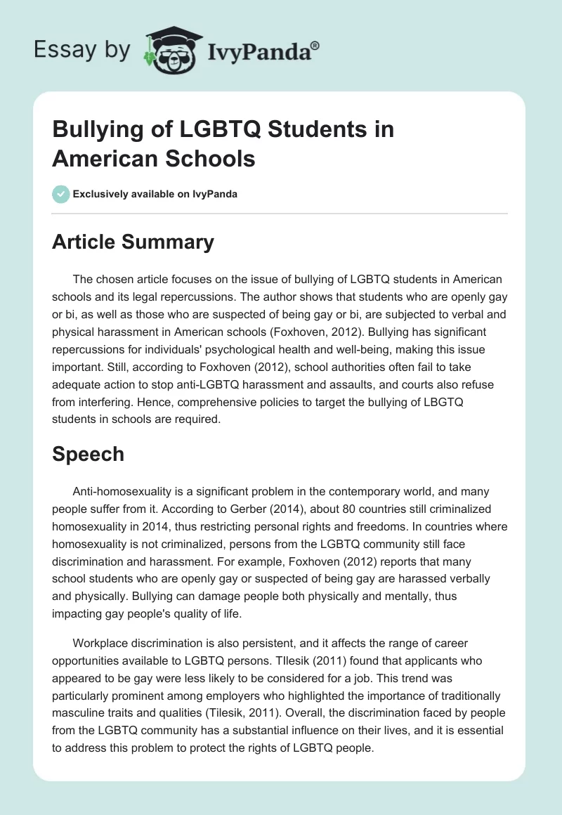 Bullying of LGBTQ Students in American Schools. Page 1