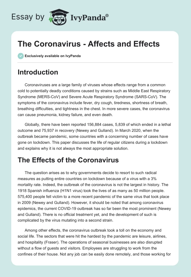 The Coronavirus - Affects and Effects. Page 1