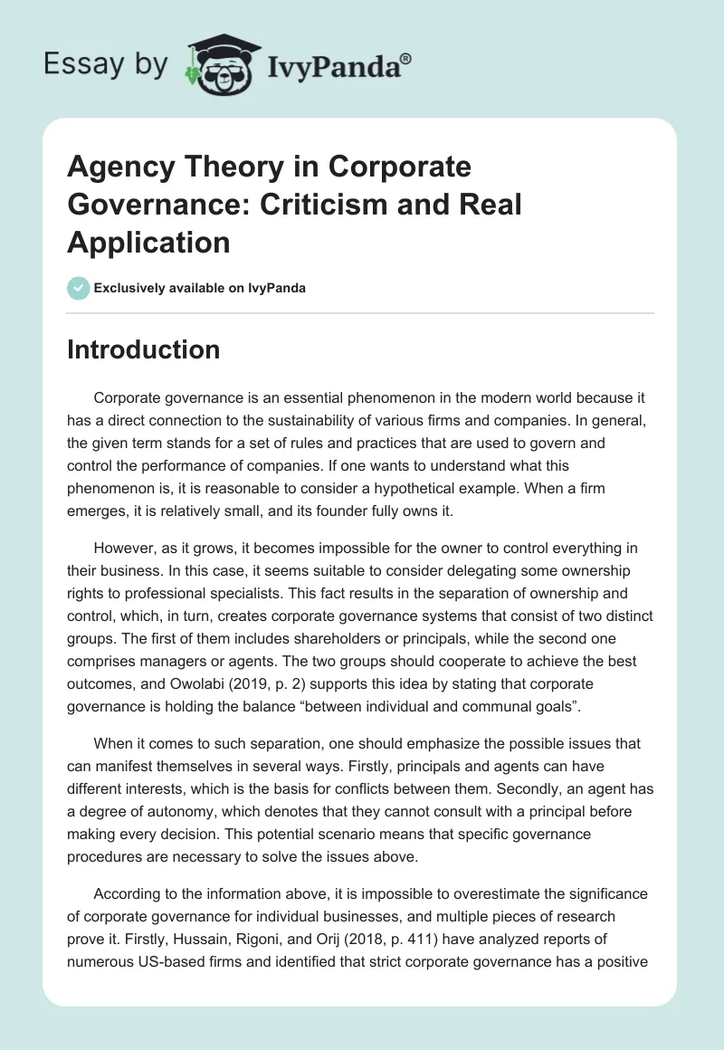 Agency Theory in Corporate Governance: Criticism and Real Application. Page 1