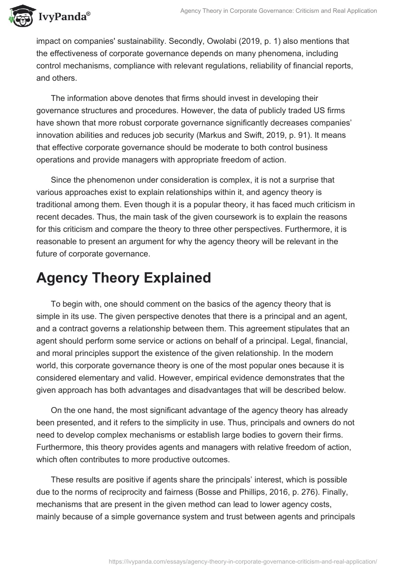 Agency Theory in Corporate Governance: Criticism and Real Application. Page 2