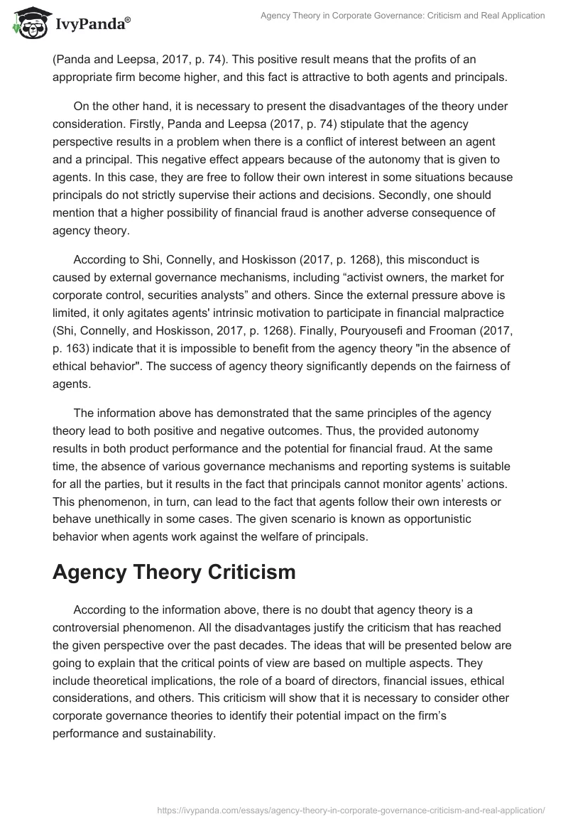 Agency Theory in Corporate Governance: Criticism and Real Application. Page 3