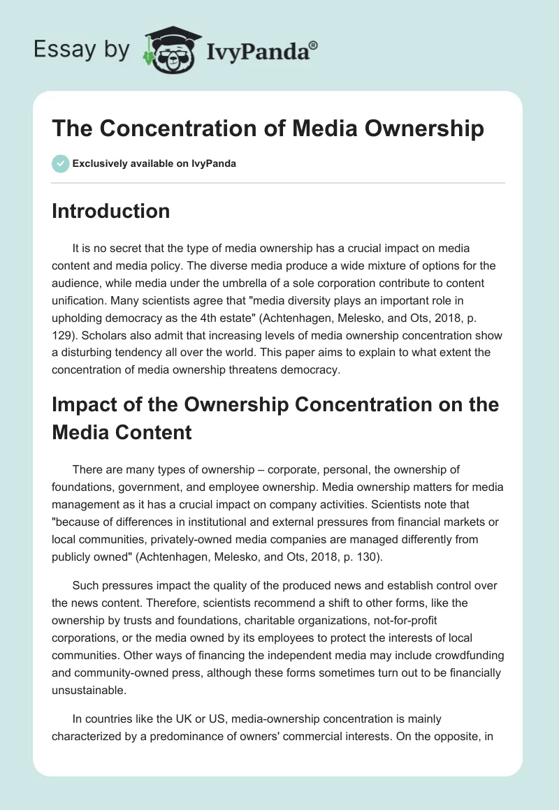 The Concentration of Media Ownership. Page 1