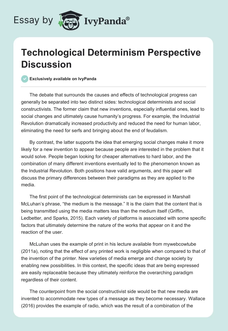 Technological Determinism Perspective Discussion. Page 1