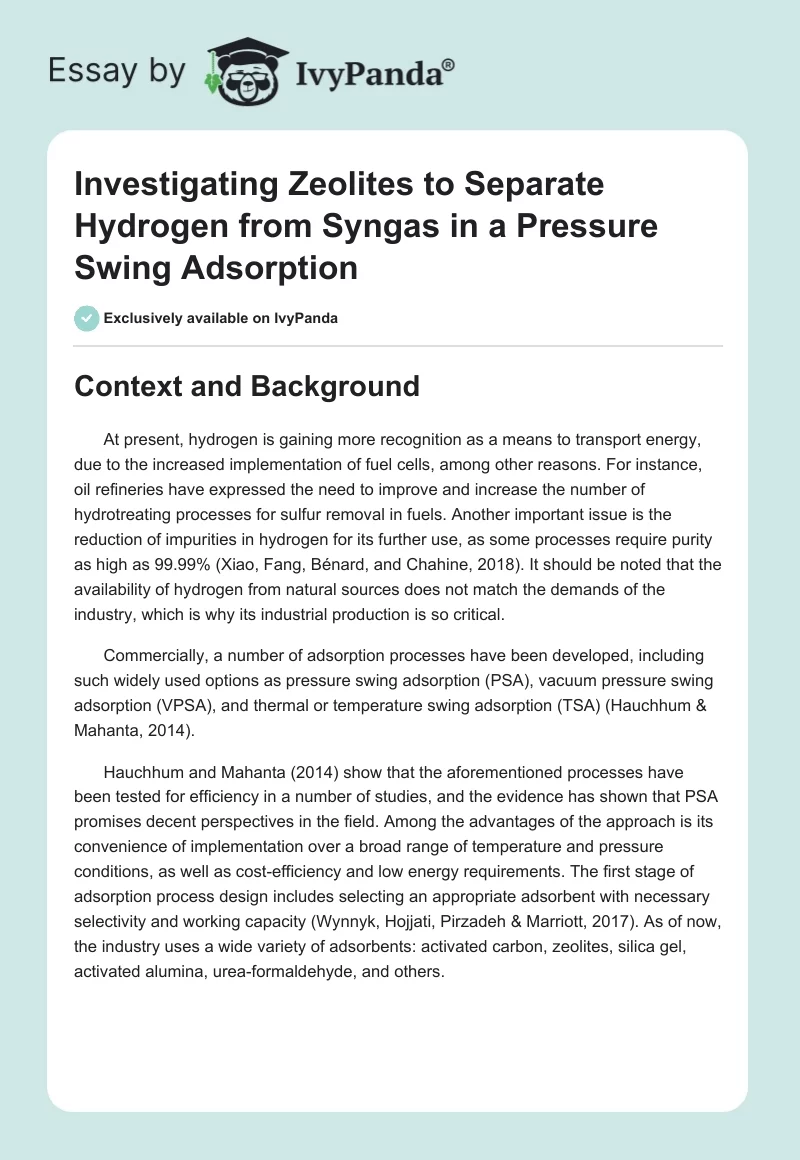 Investigating Zeolites to Separate Hydrogen from Syngas in a Pressure Swing Adsorption. Page 1