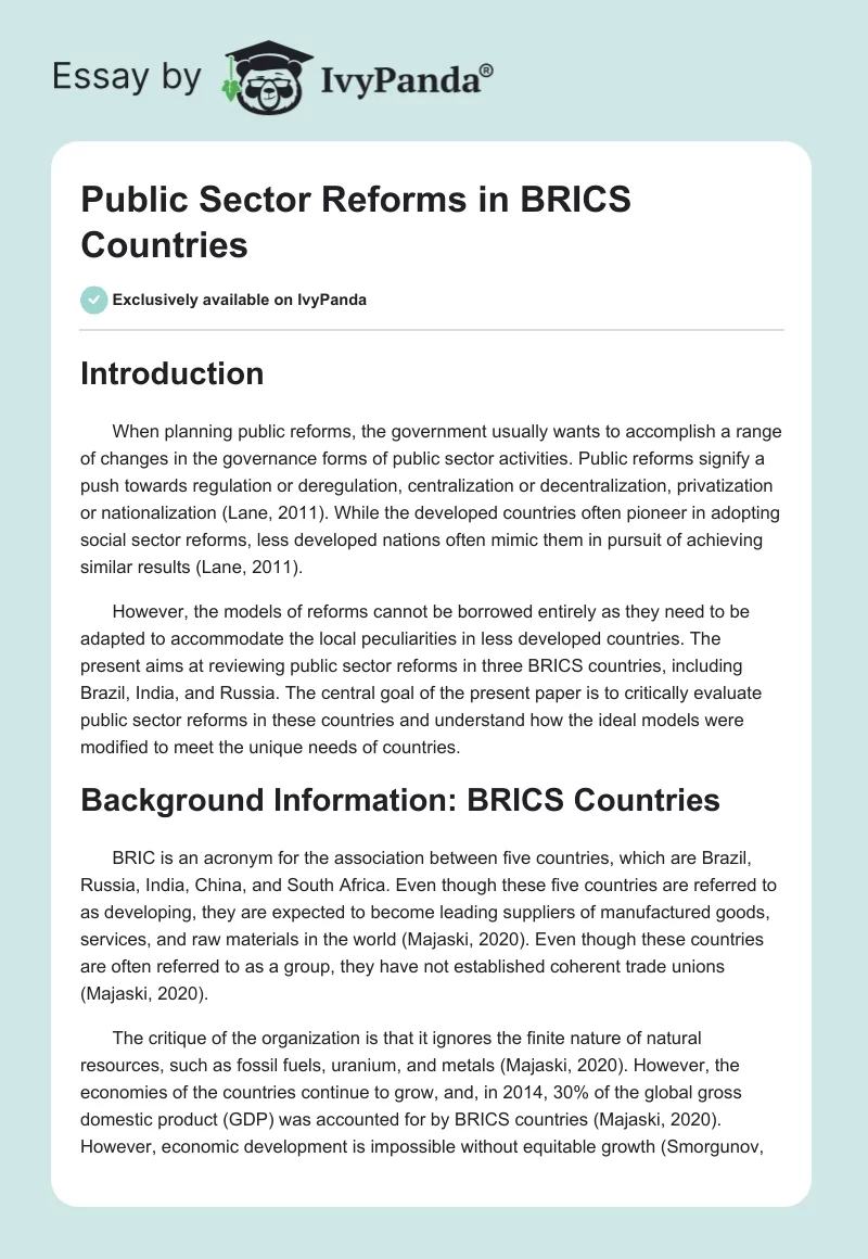 Public Sector Reforms in BRICS Countries. Page 1