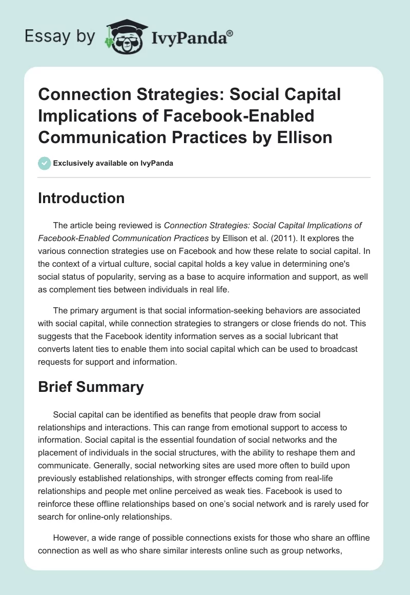 Connection Strategies: Social Capital Implications of Facebook-Enabled Communication Practices by Ellison. Page 1