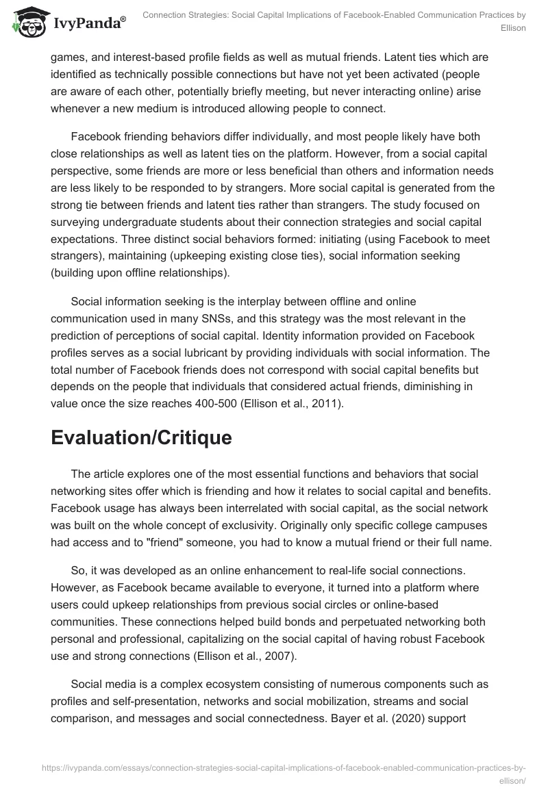 Connection Strategies: Social Capital Implications of Facebook-Enabled Communication Practices by Ellison. Page 2