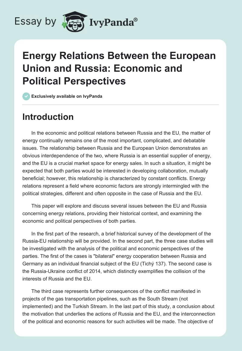 Energy Relations Between the European Union and Russia: Economic and Political Perspectives. Page 1