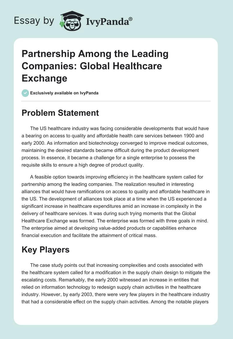 Partnership Among the Leading Companies: Global Healthcare Exchange. Page 1