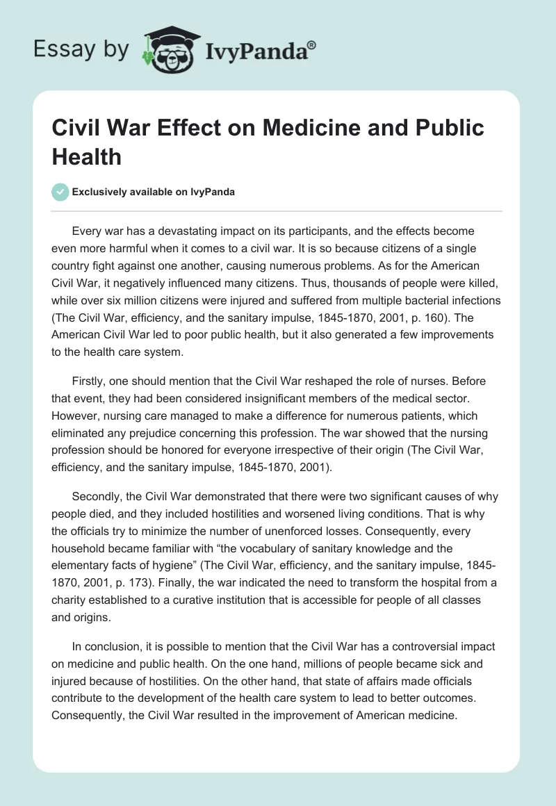 Civil War Effect on Medicine and Public Health. Page 1