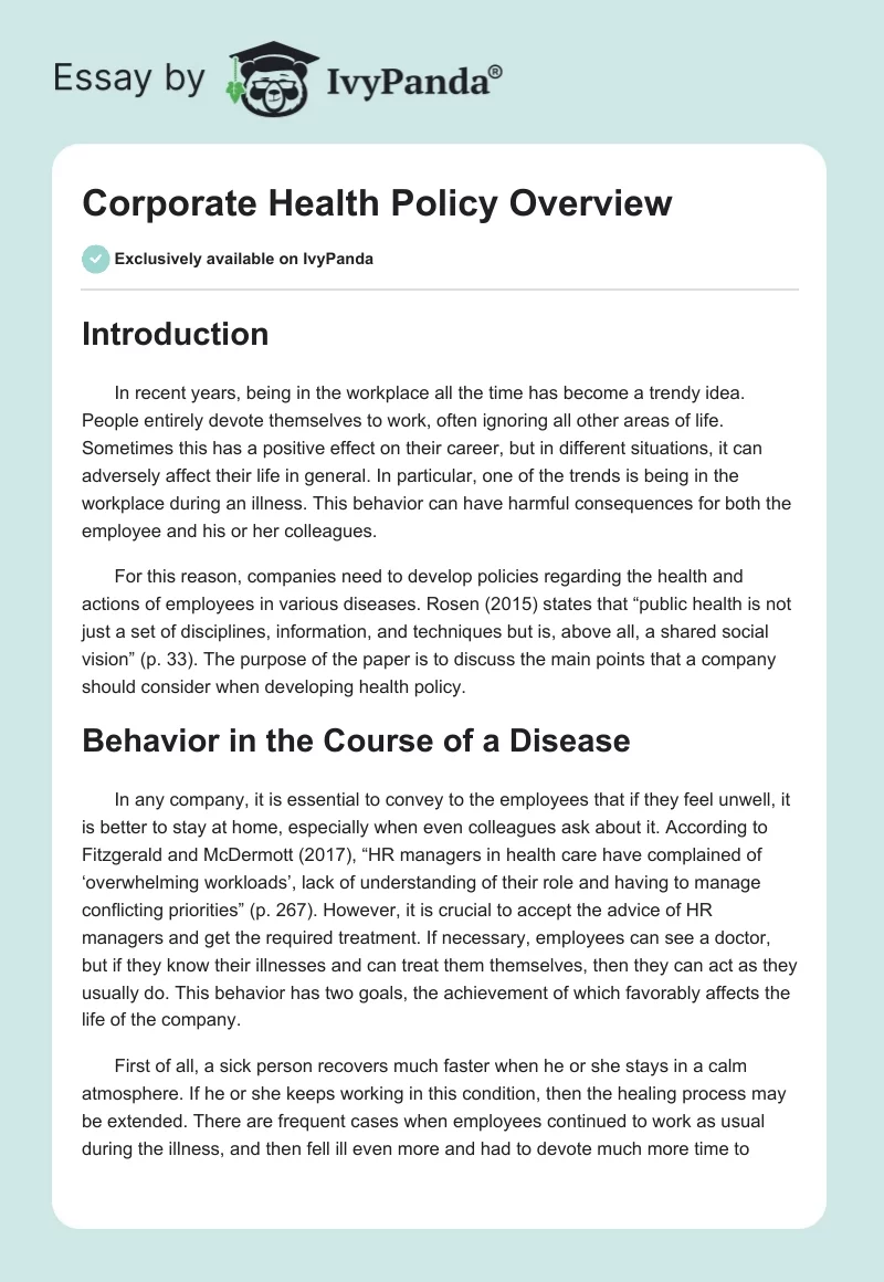 Corporate Health Policy Overview. Page 1