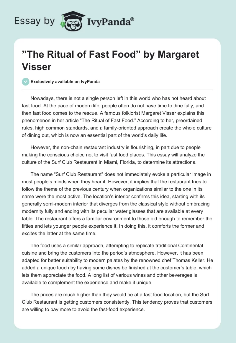 ”The Ritual of Fast Food” by Margaret Visser. Page 1