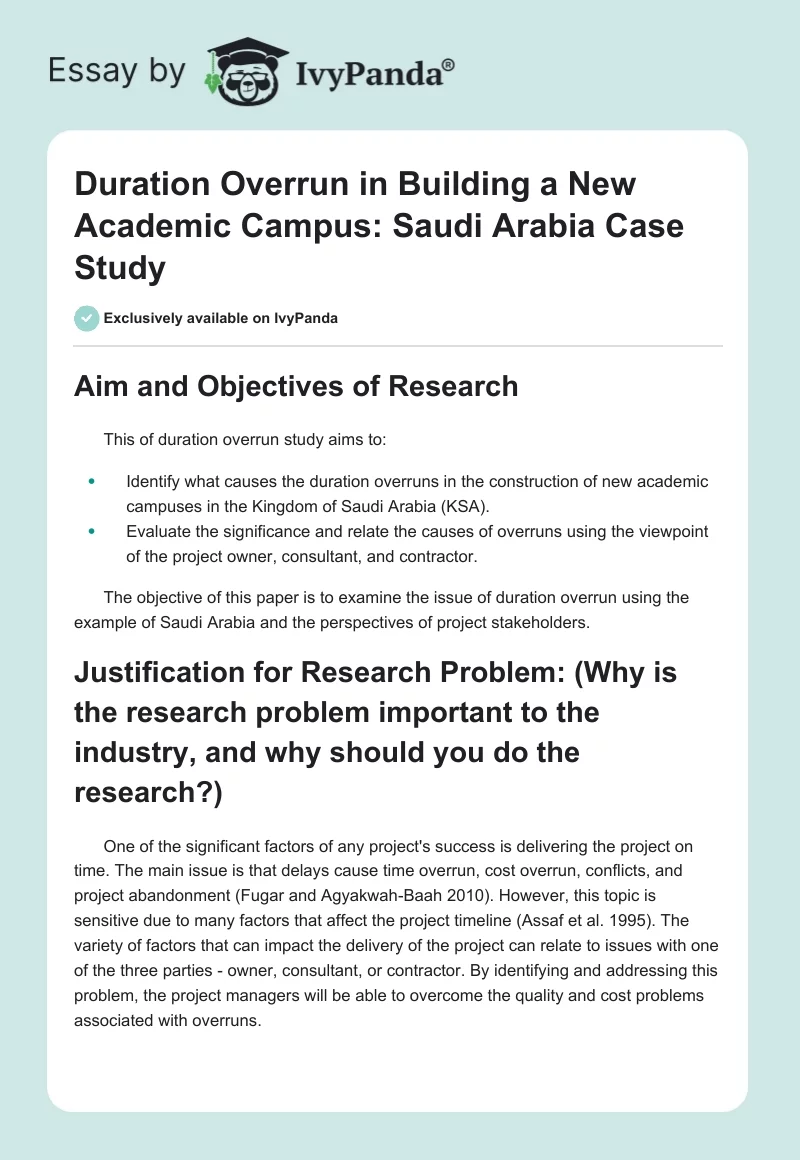 Duration Overrun in Building a New Academic Campus: Saudi Arabia Case Study. Page 1