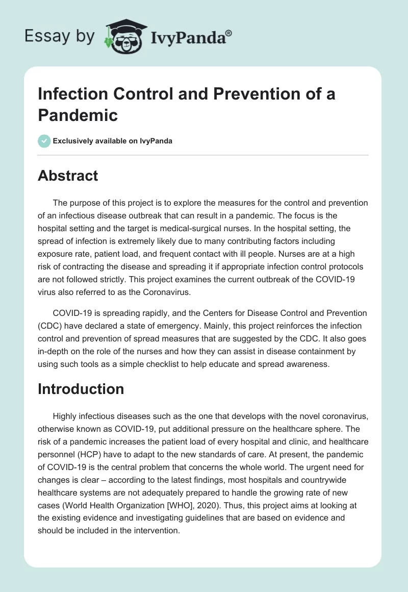 Infection Control and Prevention of a Pandemic. Page 1