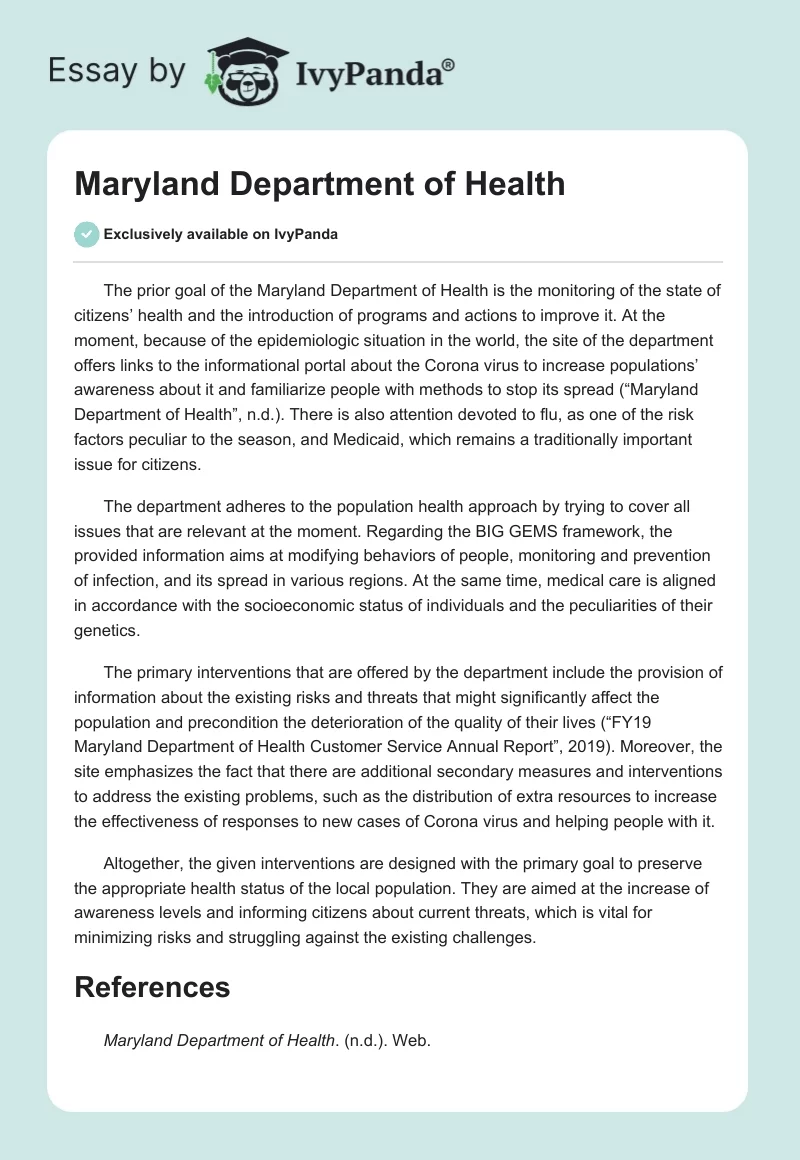 Maryland Department of Health. Page 1