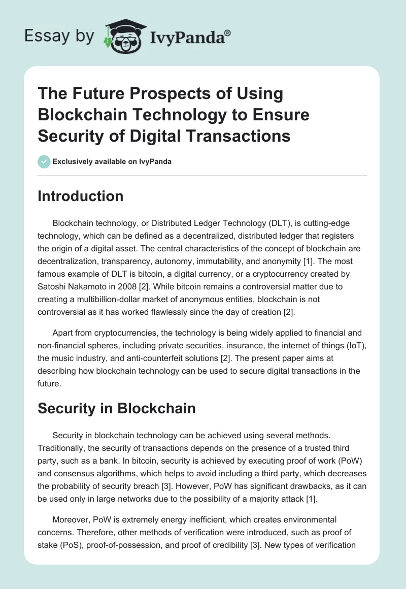 The Future Prospects of Using Blockchain Technology to Ensure Security of Digital Transactions. Page 1