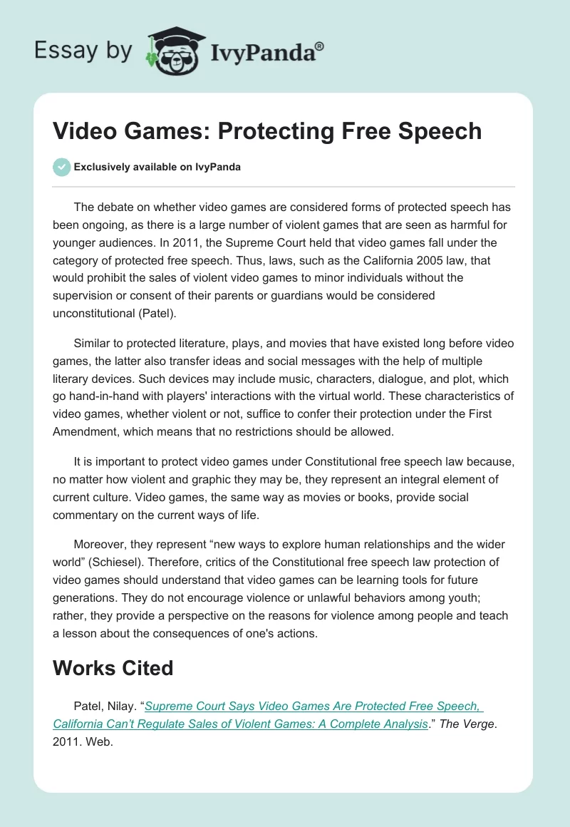 Video Games: Protecting Free Speech. Page 1