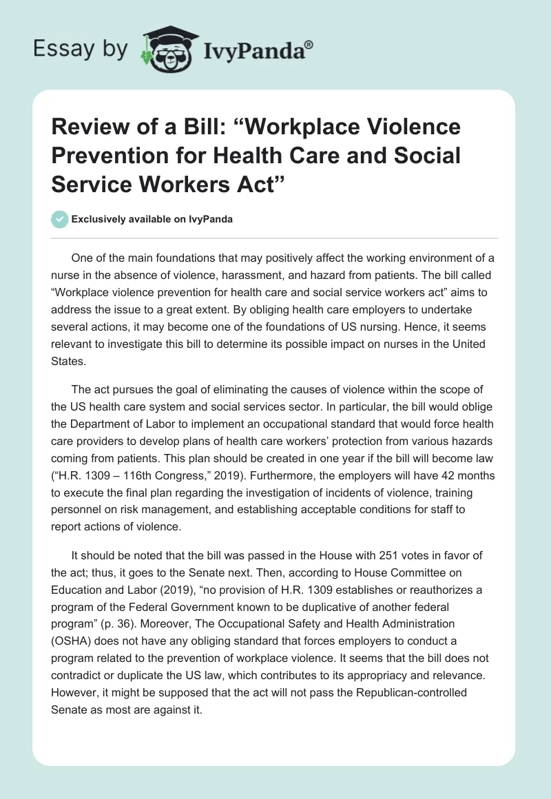 Review of a Bill: “Workplace Violence Prevention for Health Care and Social Service Workers Act”. Page 1