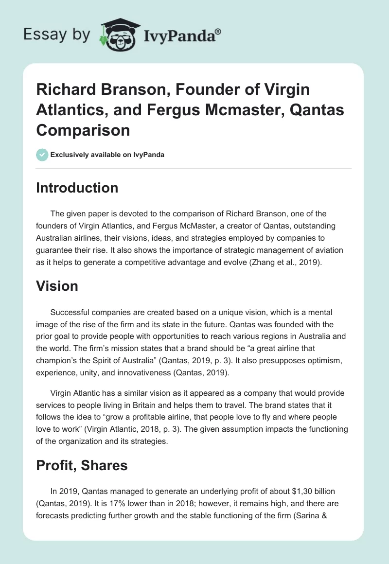 Richard Branson, Founder of Virgin Atlantics, and Fergus Mcmaster, Qantas Comparison. Page 1