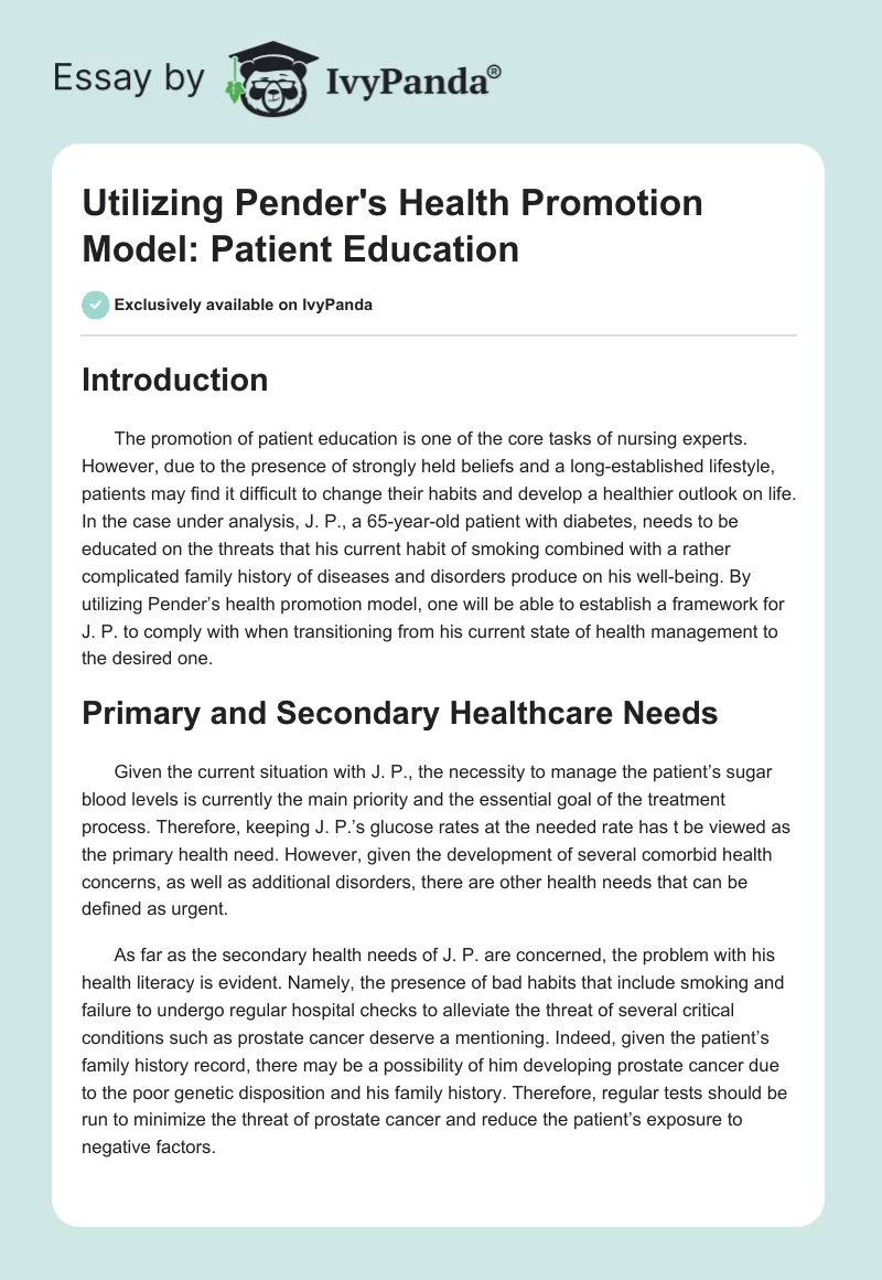 Utilizing Pender's Health Promotion Model: Patient Education. Page 1