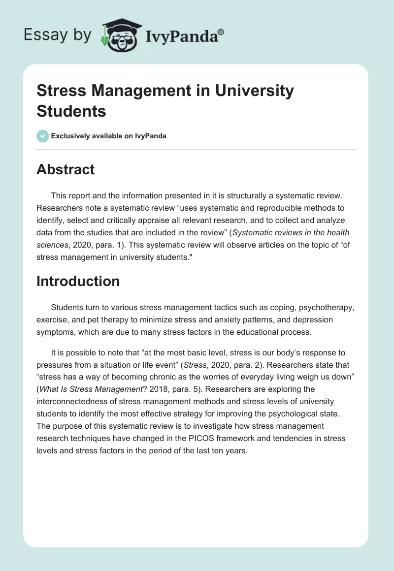 Stress Management in University Students. Page 1