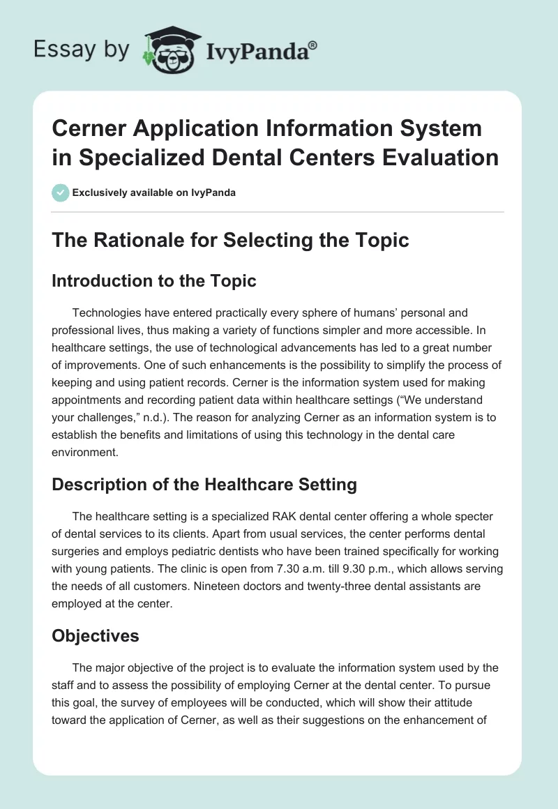 Cerner Application Information System in Specialized Dental Centers Evaluation. Page 1