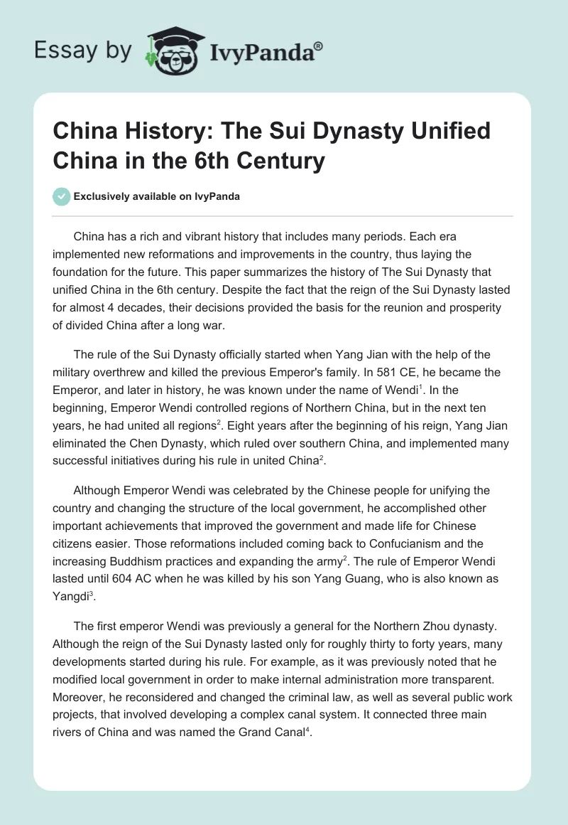 China History: The Sui Dynasty Unified China in the 6th Century. Page 1