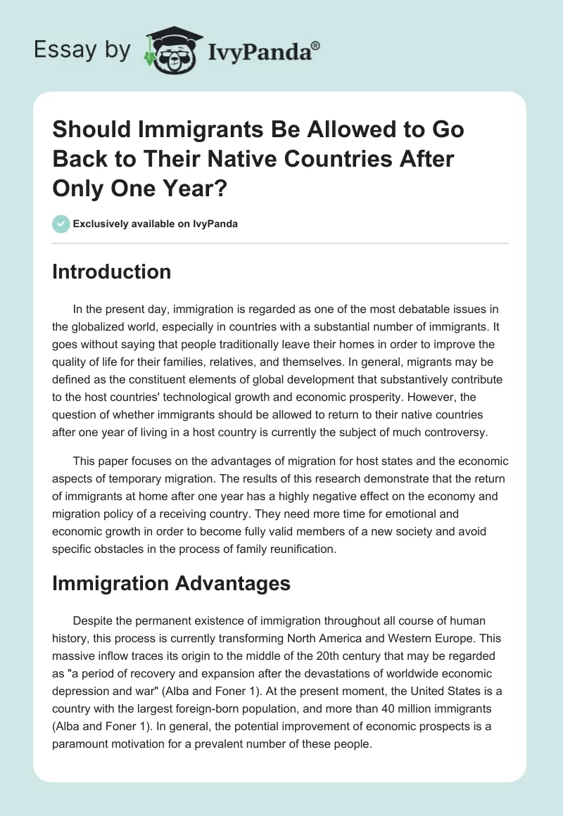 Should Immigrants Be Allowed to Go Back to Their Native Countries After Only One Year?. Page 1