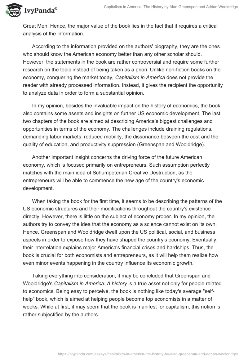 "Capitalism in America: The History" by Alan Greenspan and Adrian Wooldridge. Page 2