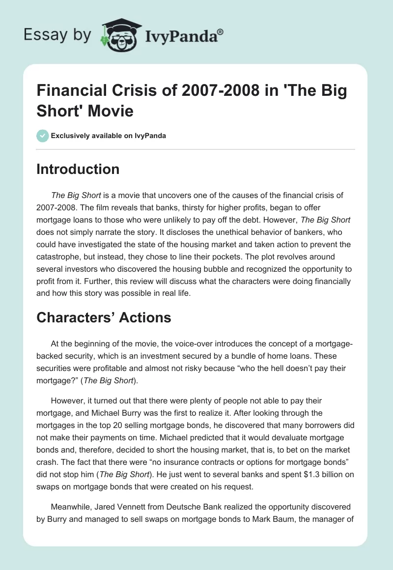 Financial Crisis of 2007-2008 in 'The Big Short' Movie. Page 1
