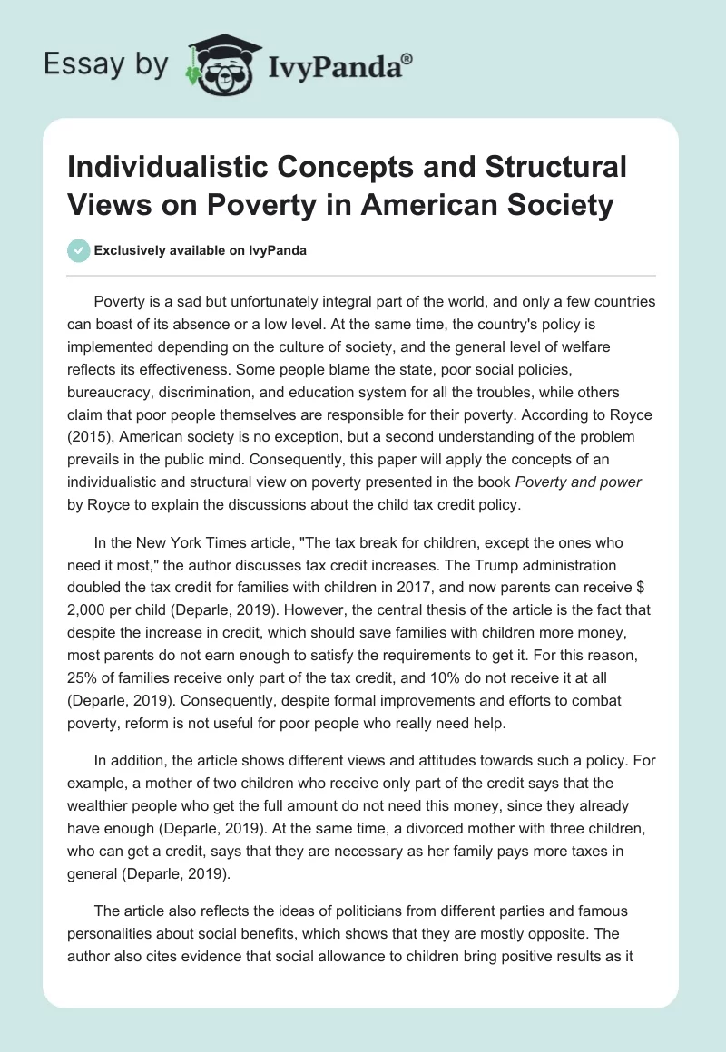 Individualistic Concepts and Structural Views on Poverty in American Society. Page 1