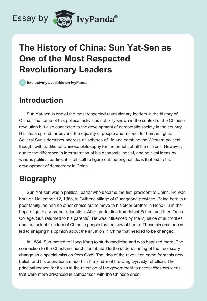 The History of China: Sun Yat-Sen as One of the Most Respected Revolutionary Leaders. Page 1