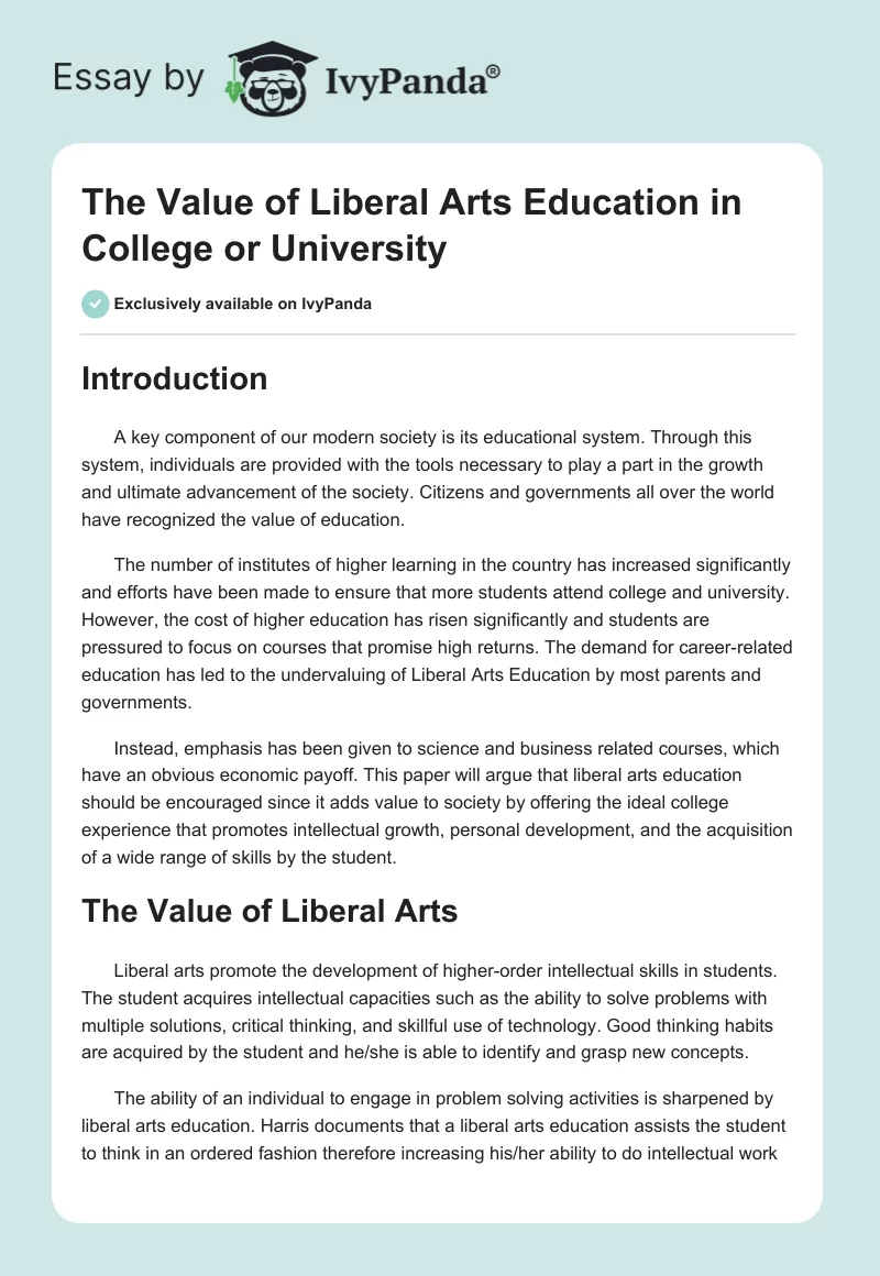 The Value of Liberal Arts Education in College or University. Page 1