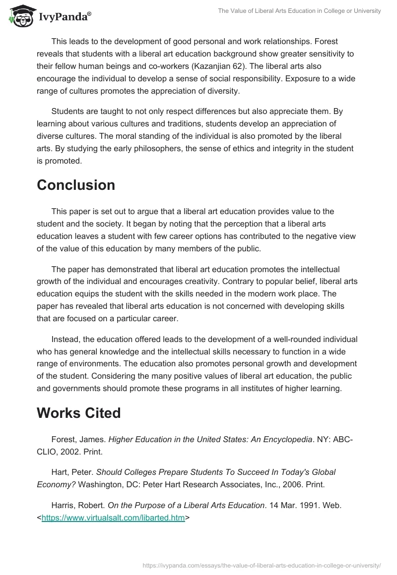 The Value of Liberal Arts Education in College or University. Page 4