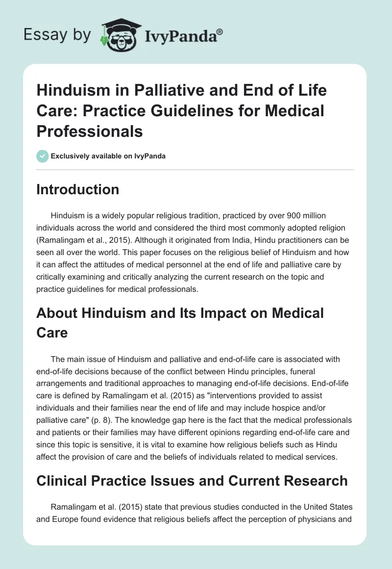Hinduism in Palliative and End of Life Care: Practice Guidelines for Medical Professionals. Page 1