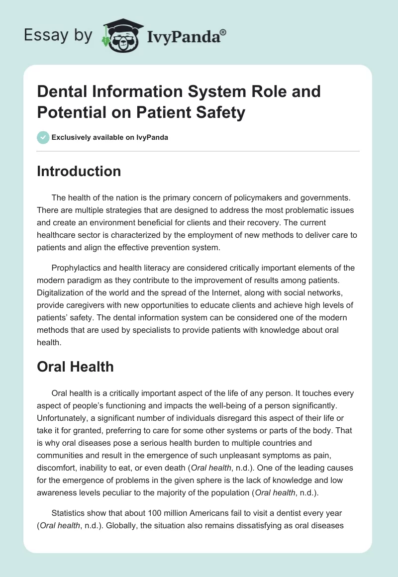 Dental Information System Role and Potential on Patient Safety. Page 1