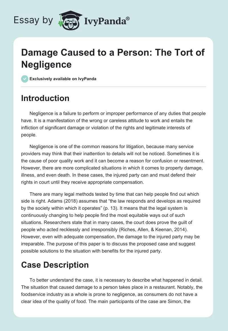 Damage Caused to a Person: The Tort of Negligence. Page 1