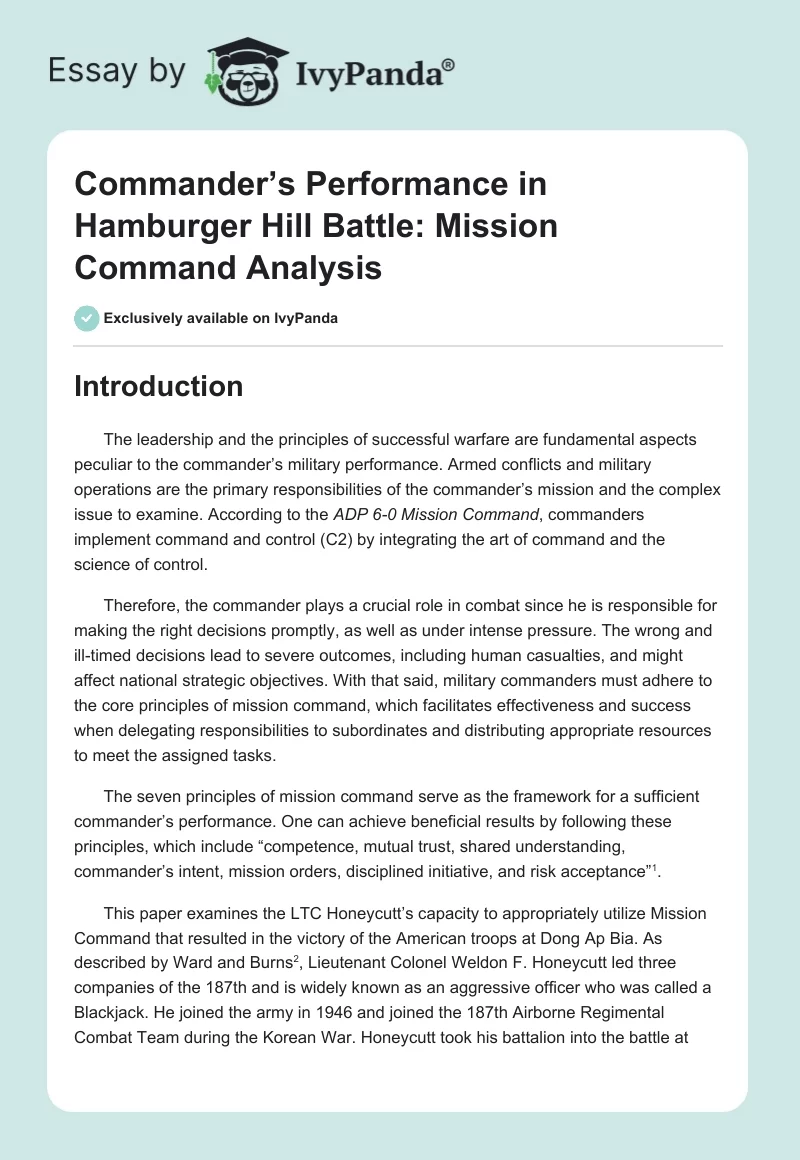 Commander’s Performance in Hamburger Hill Battle: Mission Command Analysis. Page 1