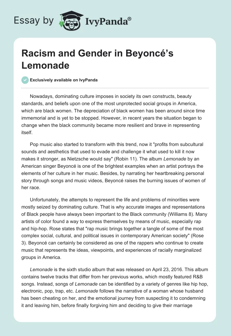 Racism and Gender in Beyoncé’s Lemonade. Page 1