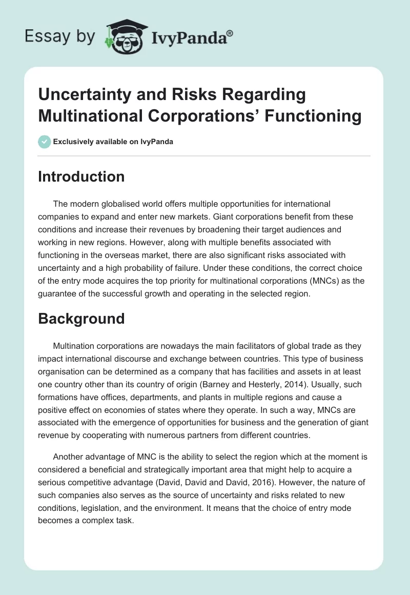 Uncertainty and Risks Regarding Multinational Corporations’ Functioning. Page 1