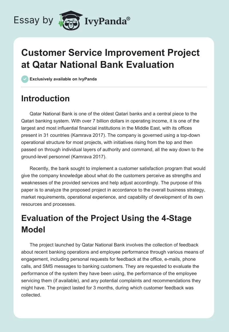 Customer Service Improvement Project at Qatar National Bank Evaluation. Page 1