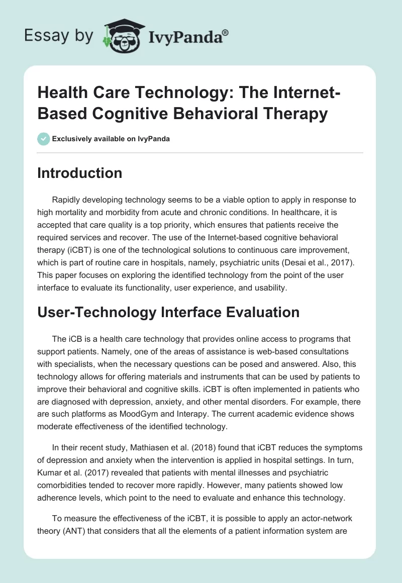 Health Care Technology: The Internet-Based Cognitive Behavioral Therapy. Page 1